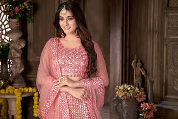 Pink thread embroidery net  lehenga 3