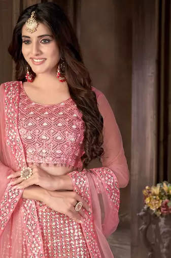 Pink thread embroidery net  lehenga