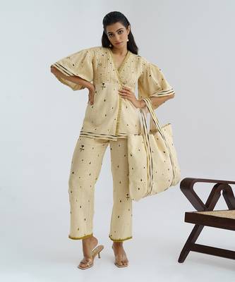 beige khadi co ord set with printed overlay design 2