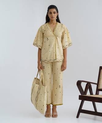 beige khadi co ord set with printed overlay design 1