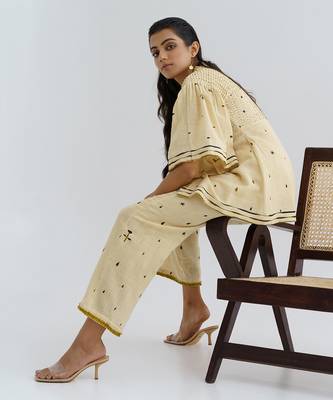 beige khadi co ord set with printed overlay design 3