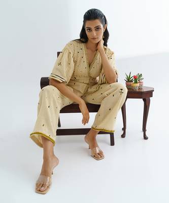 beige khadi co ord set with printed overlay design 5