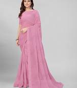 Designer Sequined Embroidered Peach Pink Coloured Georgette Saree with Blouse Piece