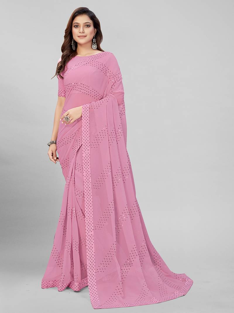 Designer Sequined Embroidered Peach Pink Coloured Georgette Saree with Blouse Piece