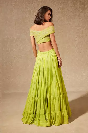 Green Miyu Off Shoulder Blouse And Skirt