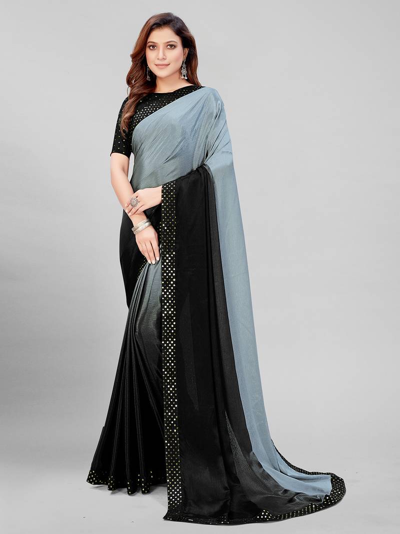Designer Embellished Grey Coloured Silk Saree with Blouse Piece