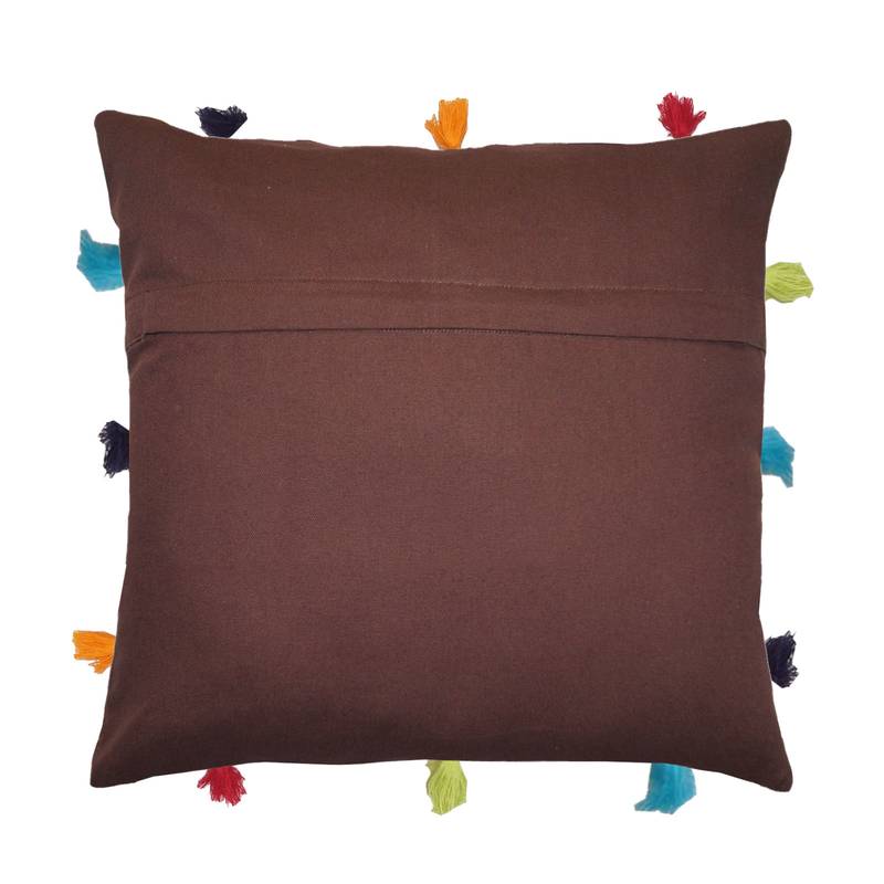 Lushomes Brown Sofa Cushion Cover Online with Colorful Tassels (Single pc, 12 x 12 inches)