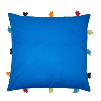 Lushomes Sky Blue Sofa Cushion Cover Online with Colorful Tassels (Single pc, 12 x 12 inches) 1