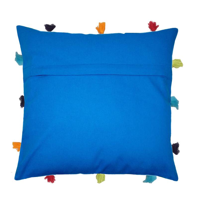Lushomes Sky Blue Sofa Cushion Cover Online with Colorful Tassels (Single pc, 12 x 12 inches)
