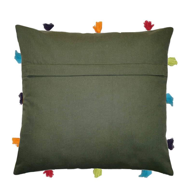 Lushomes Green Sofa Cushion Cover Online with Colorful Tassels (Single pc, 12 x 12 inches)