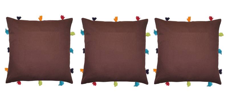 Lushomes Brown Sofa Cushion Cover Online with Colorful Tassels (Pack of 3 Pcs, 12 x 12 inches)