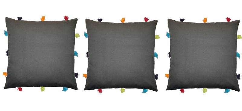 Lushomes Grey Sofa Cushion Cover Online with Colorful Tassels (Pack of 3 Pcs, 12 x 12 inches)