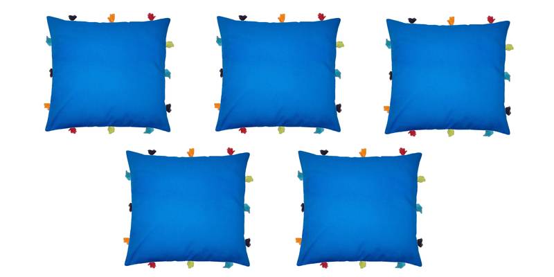 Lushomes Sky Blue Sofa Cushion Cover Online with Colorful Tassels (Pack of 5 Pcs, 12 x 12 inches)