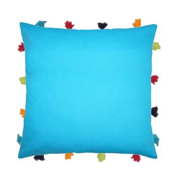 Lushomes Blue Sofa Cushion Cover Online with Colorful Tassels (Single pc, 14 x 14 inches) 1