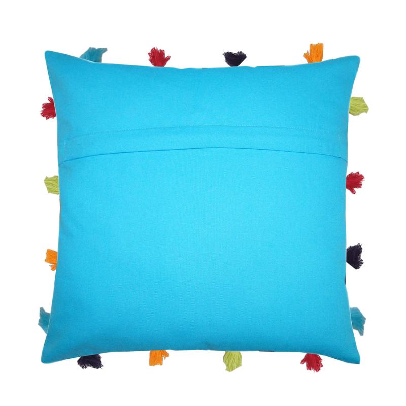 Lushomes Blue Sofa Cushion Cover Online with Colorful Tassels (Single pc, 14 x 14 inches)