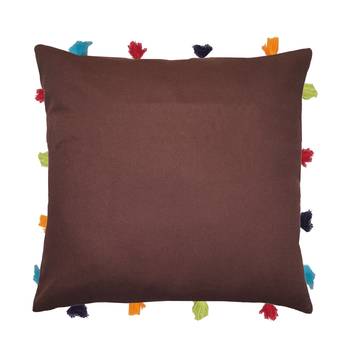 Lushomes Brown Sofa Cushion Cover Online with Colorful Tassels (Single pc, 14 x 14 inches) 1