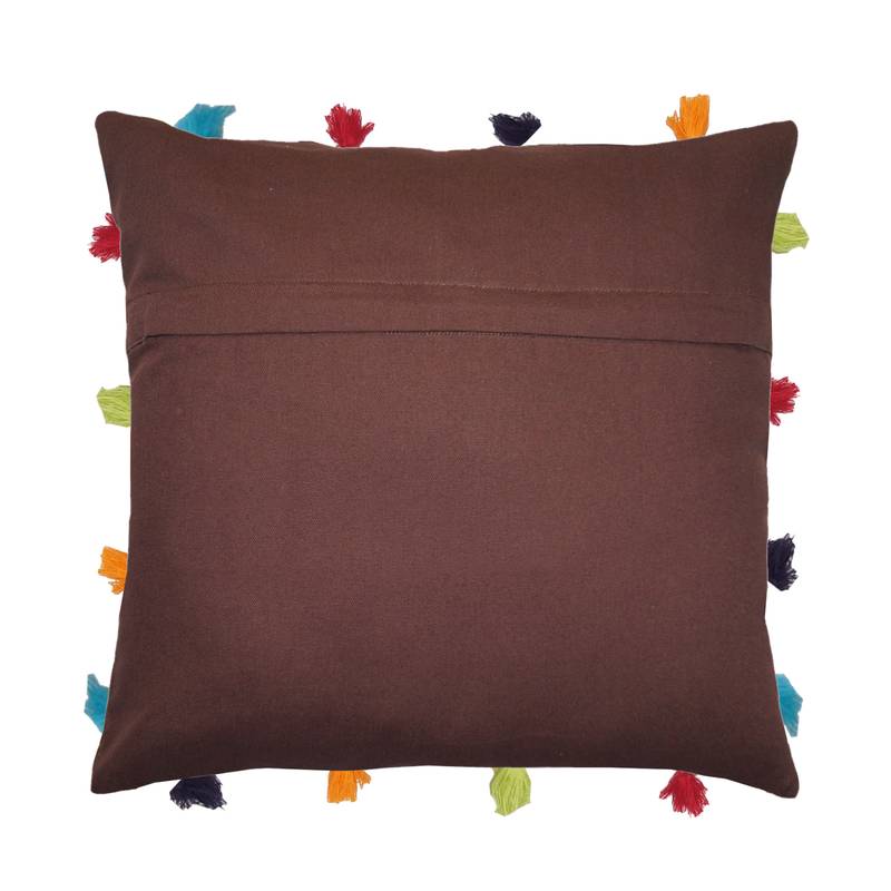 Lushomes Brown Sofa Cushion Cover Online with Colorful Tassels (Single pc, 14 x 14 inches)