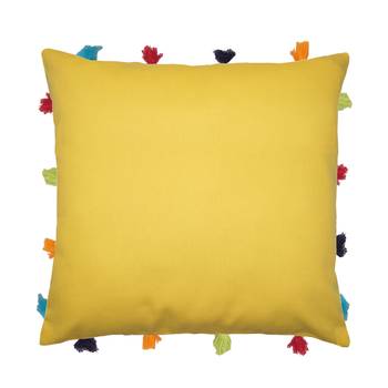 Lushomes Yellow Sofa Cushion Cover Online with Colorful Tassels (Single pc, 14 x 14 inches) 1