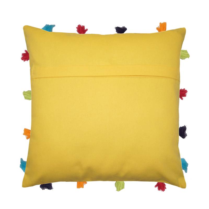 Lushomes Yellow Sofa Cushion Cover Online with Colorful Tassels (Single pc, 14 x 14 inches)