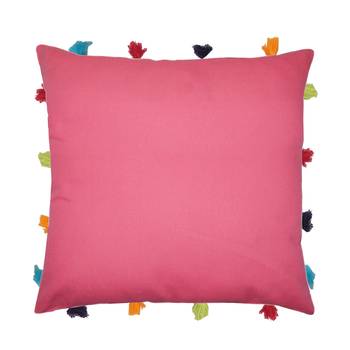 Lushomes Pink Sofa Cushion Cover Online with Colorful Tassels (Single pc, 14 x 14 inches) 1