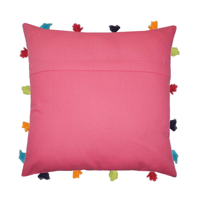 Lushomes Pink Sofa Cushion Cover Online with Colorful Tassels (Single pc, 14 x 14 inches)