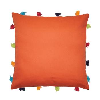 Lushomes Red Wood Sofa Cushion Cover Online with Colorful Tassels (Single pc, 14 x 14 inches) 1