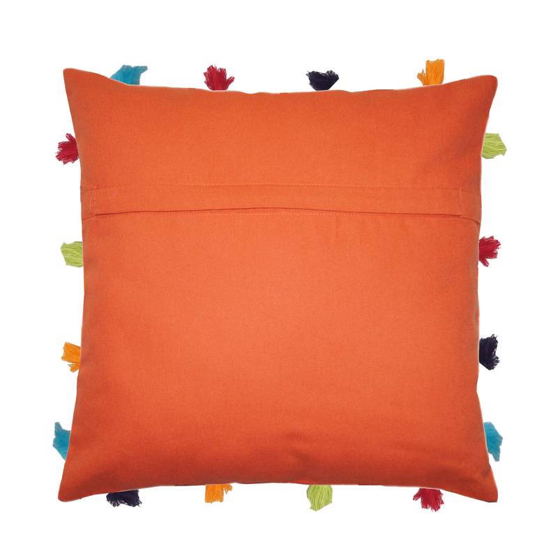 Lushomes Red Wood Sofa Cushion Cover Online with Colorful Tassels (Single pc, 14 x 14 inches)