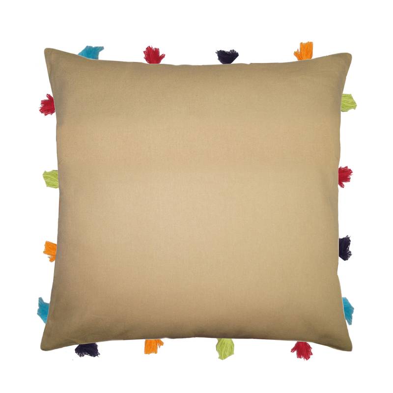 Lushomes YellowSofa Cushion Cover Online with Colorful Tassels (Single pc, 14 x 14 inches)