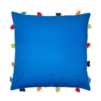 Lushomes Sky Blue Sofa Cushion Cover Online with Colorful Tassels (Single pc, 14 x 14 inches) 1
