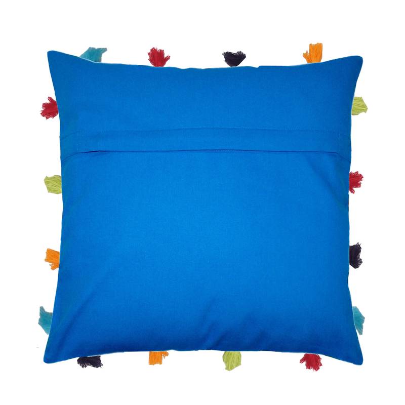 Lushomes Sky Blue Sofa Cushion Cover Online with Colorful Tassels (Single pc, 14 x 14 inches)
