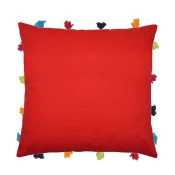 Lushomes Red Sofa Cushion Cover Online with Colorful Tassels (Single pc, 14 x 14 inches) 1