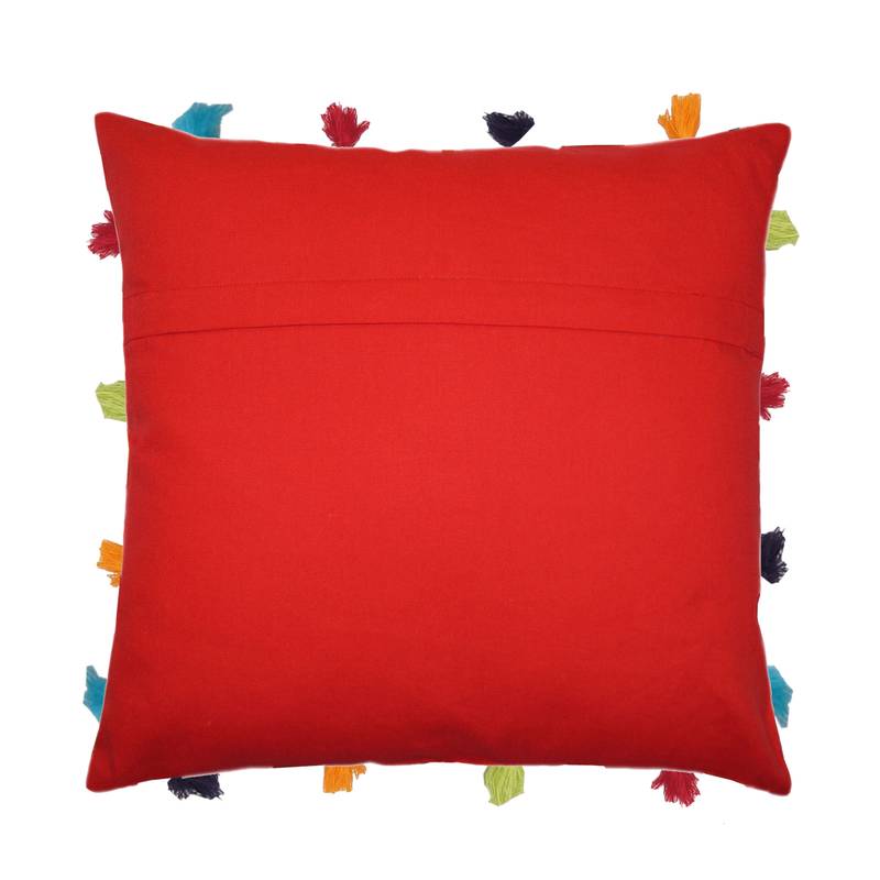 Lushomes Red Sofa Cushion Cover Online with Colorful Tassels (Single pc, 14 x 14 inches)