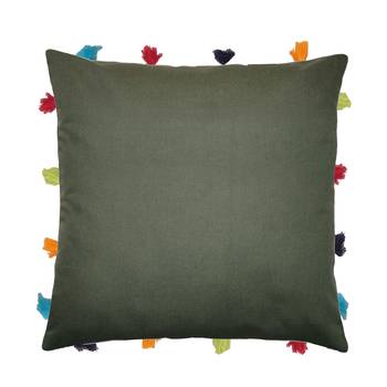 Lushomes Green Sofa Cushion Cover Online with Colorful Tassels (Single pc, 14 x 14 inches) 1