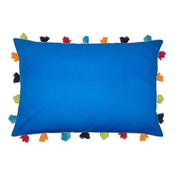 Lushomes Sky Blue Sofa Cushion Cover Online with Colorful Tassels (Single pc, 14 x 20 inches) 1