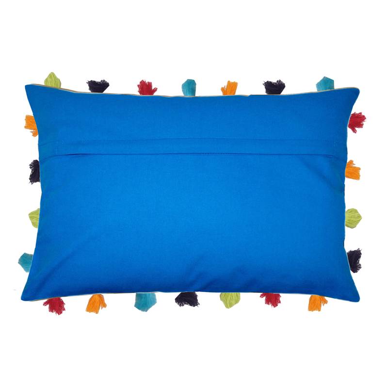 Lushomes Sky Blue Sofa Cushion Cover Online with Colorful Tassels (Single pc, 14 x 20 inches)
