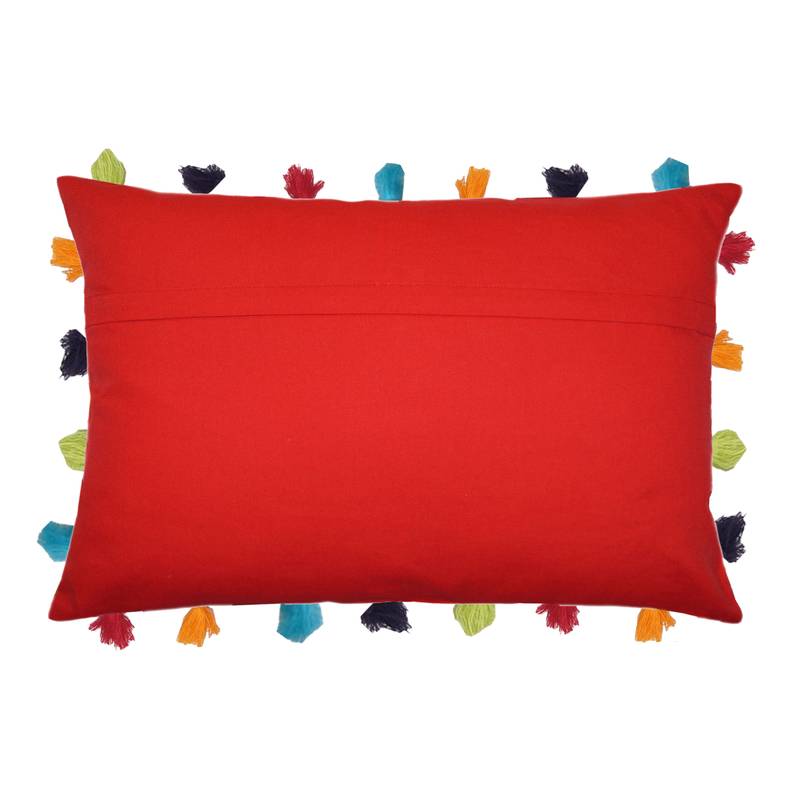 Lushomes Red Sofa Cushion Cover Online with Colorful Tassels (Single pc, 14 x 20 inches)