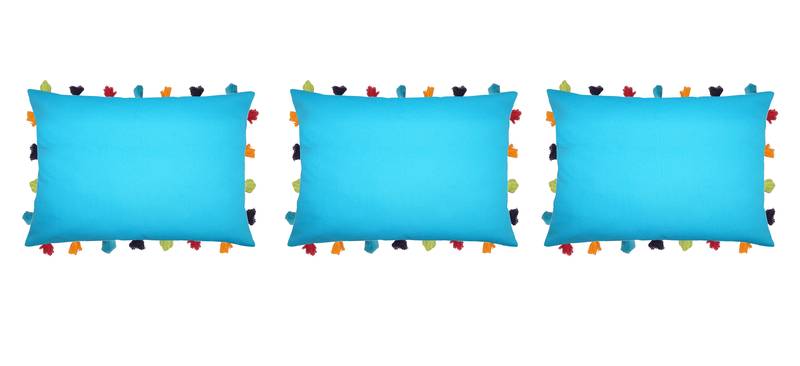 Lushomes Blue Sofa Cushion Cover Online with Colorful Tassels (Pack of 3 Pcs, 14 x 20 inches)