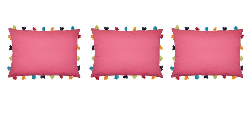 Lushomes Pink Sofa Cushion Cover Online with Colorful Tassels (Pack of 3 Pcs, 14 x 20 inches)