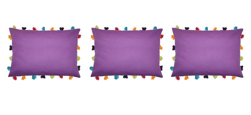Lushomes Purple Sofa Cushion Cover Online with Colorful Tassels (Pack of 3 Pcs, 14 x 20 inches)