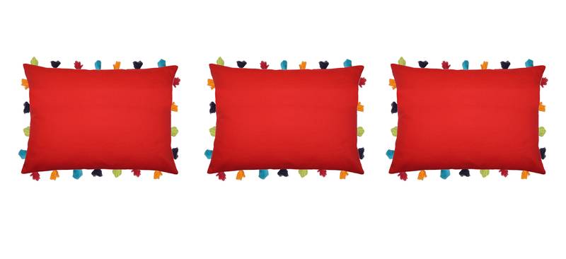 Lushomes Red Sofa Cushion Cover Online with Colorful Tassels (Pack of 3 Pcs, 14 x 20 inches)