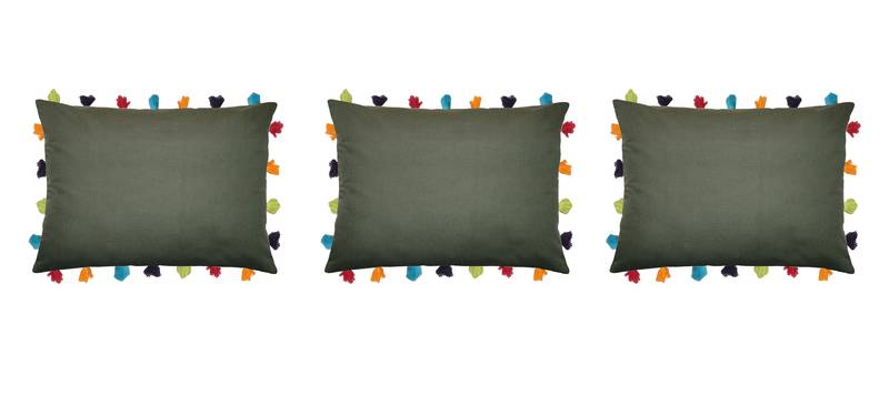 Lushomes Green Sofa Cushion Cover Online with Colorful Tassels (Pack of 3 Pcs, 14 x 20 inches)