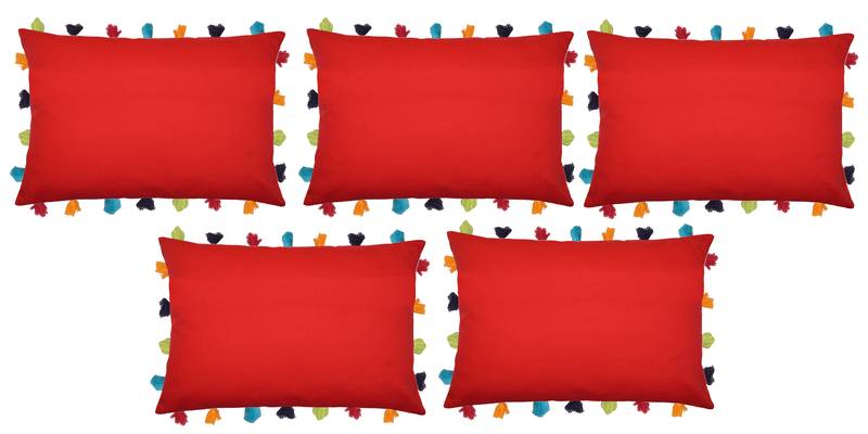 Lushomes Red Sofa Cushion Cover Online with Colorful Tassels (Pack of 5 Pcs, 14 x 20 inches)
