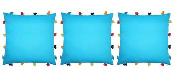 Lushomes Blue Sofa Cushion Cover Online with Colorful Tassels (Pack of 3 Pcs, 14 x 14 inches) 1
