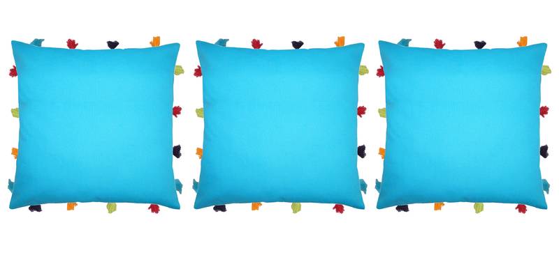 Lushomes Blue Sofa Cushion Cover Online with Colorful Tassels (Pack of 3 Pcs, 14 x 14 inches)
