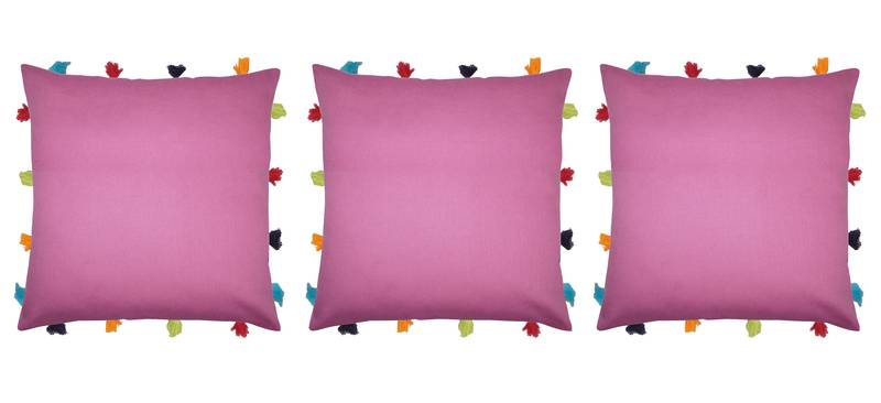 Lushomes Blue Sofa Cushion Cover Online with Colorful Tassels (Pack of 3 Pcs, 14 x 14 inches)