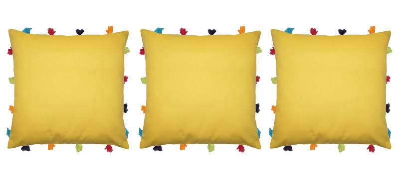 Lushomes Yellow Sofa Cushion Cover Online with Colorful Tassels (Pack of 3 Pcs, 14 x 14 inches)