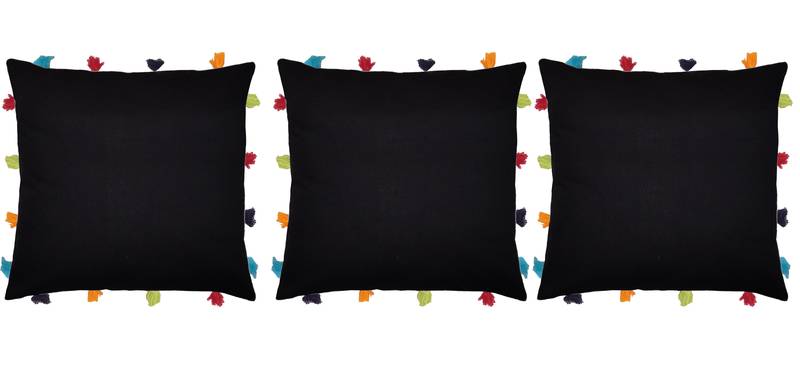Lushomes Pirate Black Sofa Cushion Cover Online with Colorful Tassels (Pack of 3 Pcs, 14 x 14 inches)