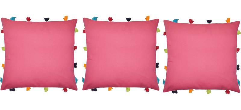 Lushomes Pink Sofa Cushion Cover Online with Colorful Tassels (Pack of 3 Pcs, 14 x 14 inches)