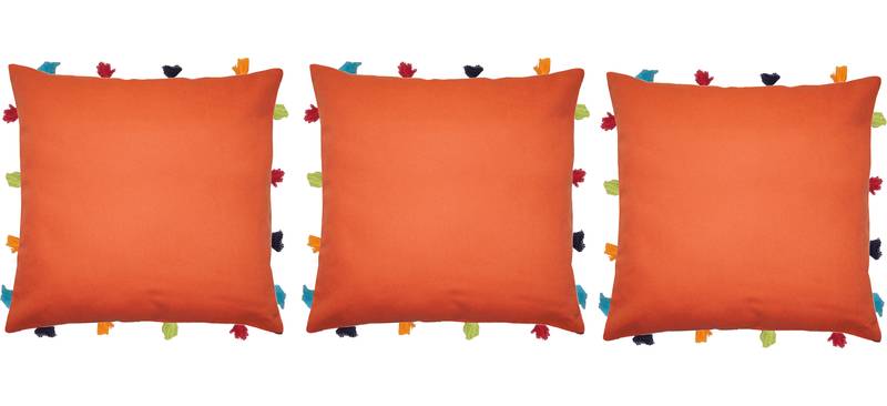 Lushomes Red Wood Sofa Cushion Cover Online with Colorful Tassels (Pack of 3 Pcs, 14 x 14 inches)