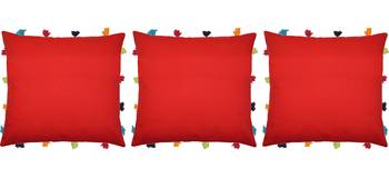 Lushomes Red Sofa Cushion Cover Online with Colorful Tassels (Pack of 3 Pcs, 14 x 14 inches) 1